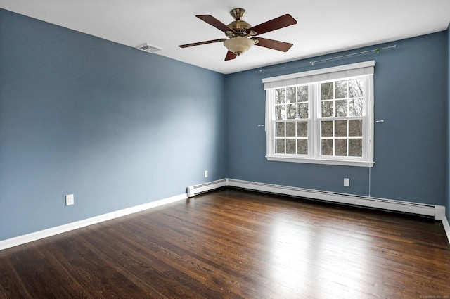 empty room featuring a baseboard heating unit, wood finished floors, a ceiling fan, visible vents, and baseboards