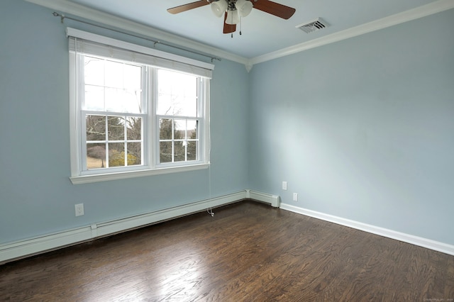 spare room featuring baseboards, visible vents, ornamental molding, dark wood-type flooring, and a baseboard heating unit