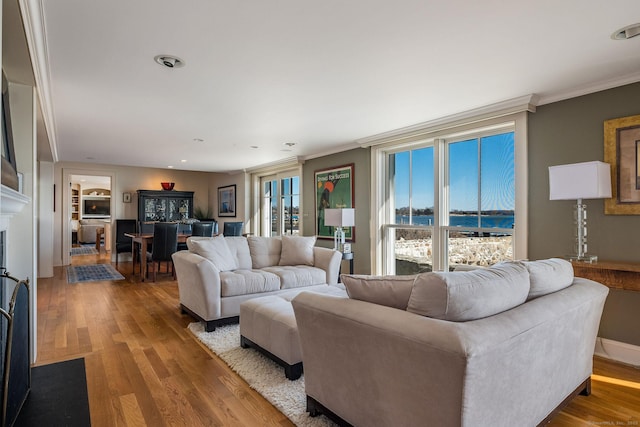 living room featuring crown molding, a water view, and light hardwood / wood-style flooring