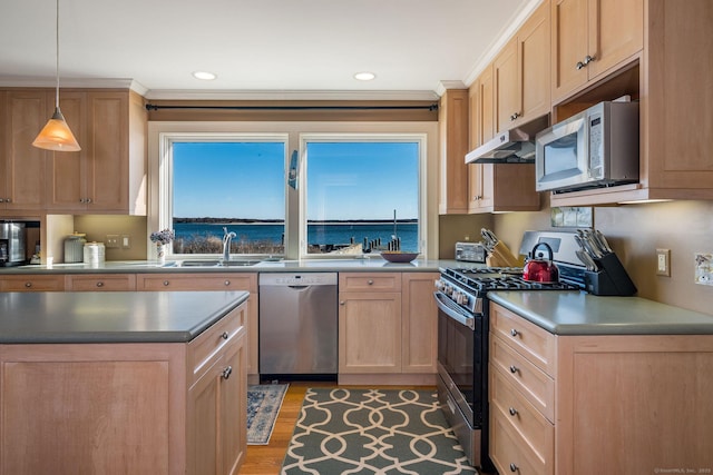 kitchen featuring a water view, stainless steel appliances, decorative light fixtures, and light brown cabinets