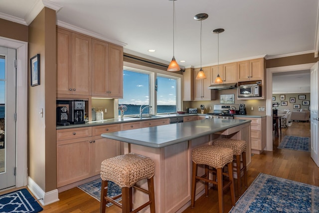 kitchen featuring appliances with stainless steel finishes, hanging light fixtures, ornamental molding, a kitchen island, and light brown cabinets