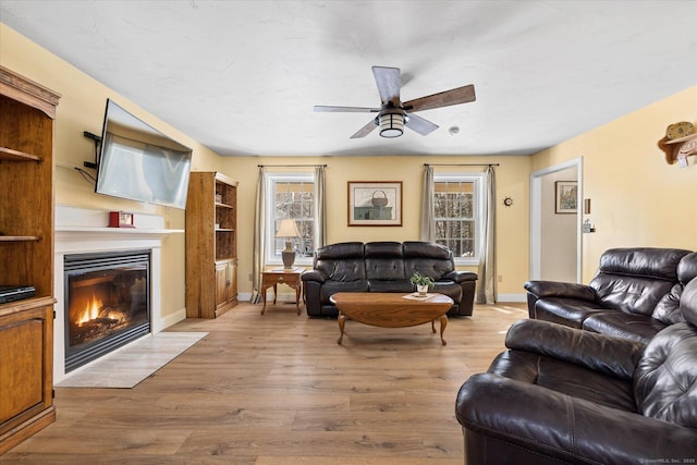 living room featuring a wealth of natural light, light hardwood / wood-style flooring, and ceiling fan