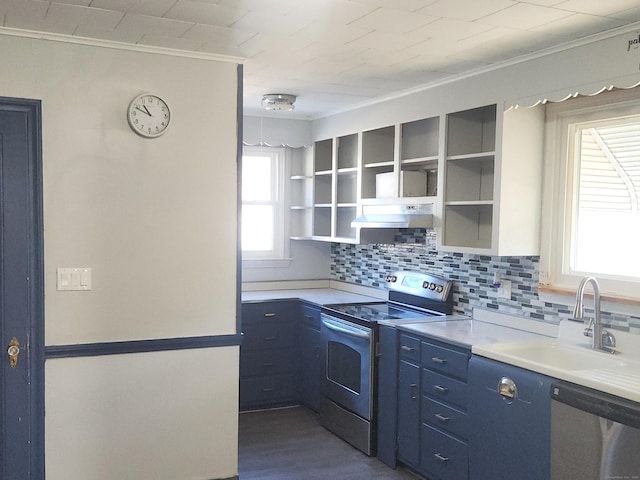 kitchen with blue cabinetry, sink, ornamental molding, appliances with stainless steel finishes, and decorative backsplash