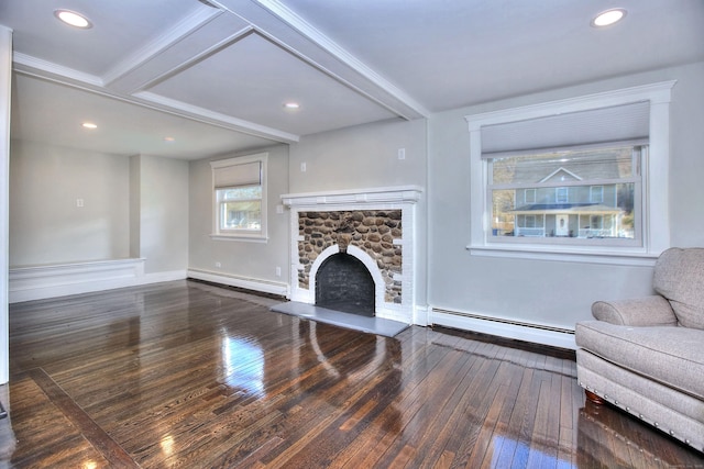 living room featuring a fireplace, dark hardwood / wood-style floors, and baseboard heating