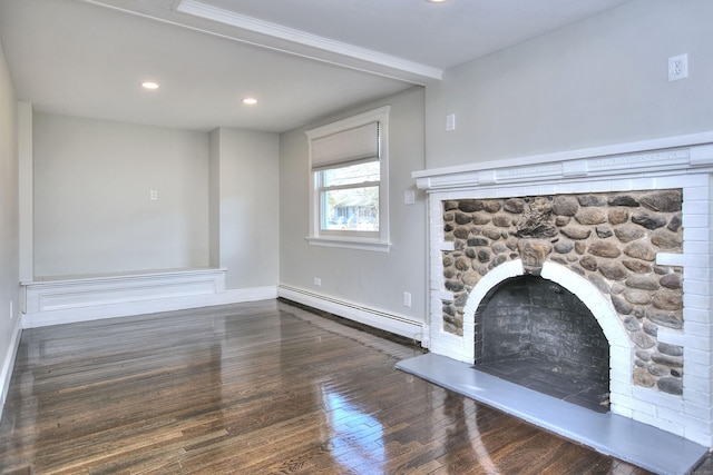 unfurnished living room featuring baseboard heating, a stone fireplace, and dark hardwood / wood-style flooring