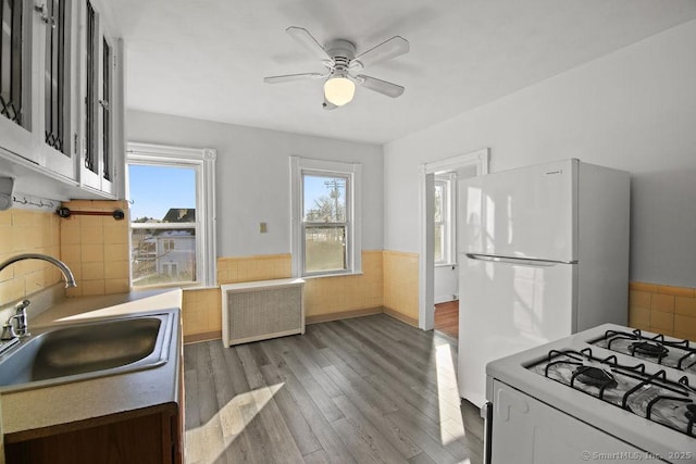 kitchen featuring radiator, sink, ceiling fan, hardwood / wood-style floors, and white gas range