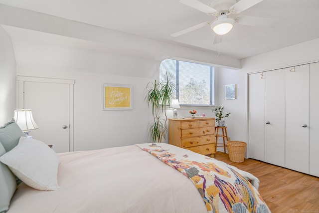 bedroom featuring wood-type flooring, a closet, and ceiling fan