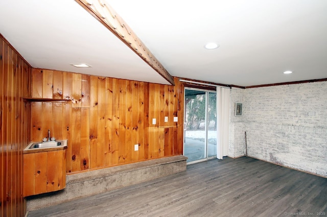 interior space with wooden walls, wet bar, and dark hardwood / wood-style flooring