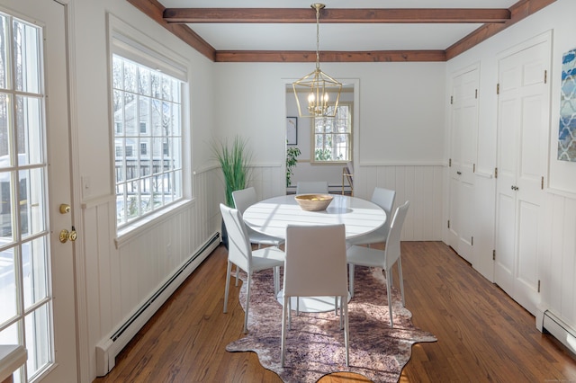 dining area featuring dark hardwood / wood-style flooring, a baseboard radiator, and beamed ceiling