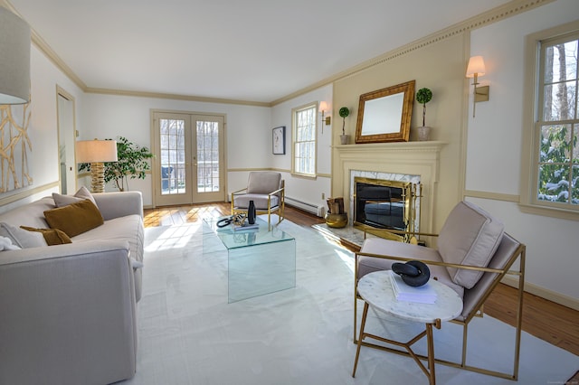 living room featuring light hardwood / wood-style floors, a wealth of natural light, a fireplace, and french doors