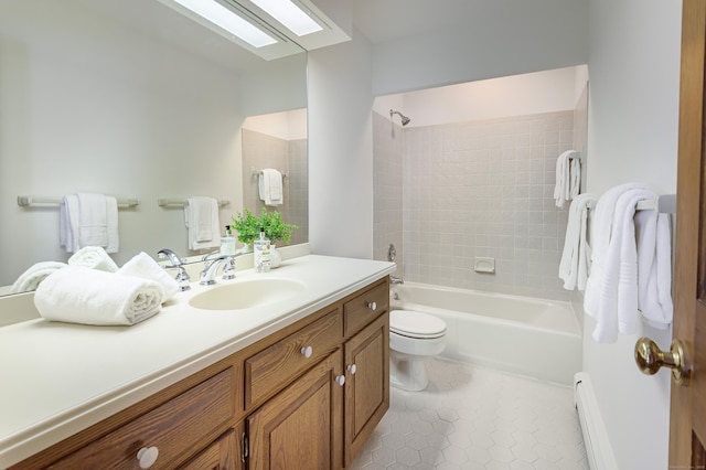 full bathroom featuring tiled shower / bath combo, a skylight, vanity, a baseboard radiator, and toilet