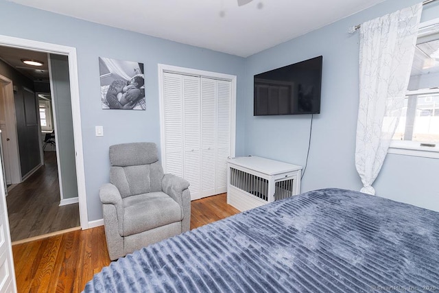 bedroom featuring dark hardwood / wood-style flooring and a closet