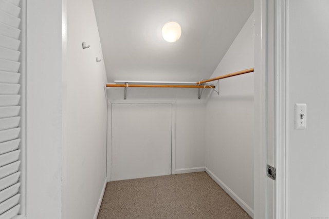 walk in closet featuring carpet flooring and vaulted ceiling