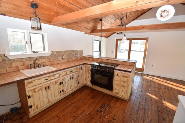 34 Lyme St, Old Lyme, CT 06371 - kitchen with a sink, tile counters, dark wood-type flooring, black range with electric stovetop, and tasteful backsplash
