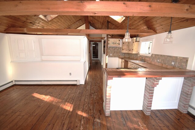 34 Lyme St, Old Lyme, CT 06371 - kitchen featuring dark wood-style floors, decorative backsplash, a sink, pendant lighting, and wood ceiling
