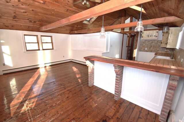 34 Lyme St, Old Lyme, CT 06371 - unfurnished living room featuring a sink, dark wood-style flooring, wood ceiling, and a baseboard heating unit