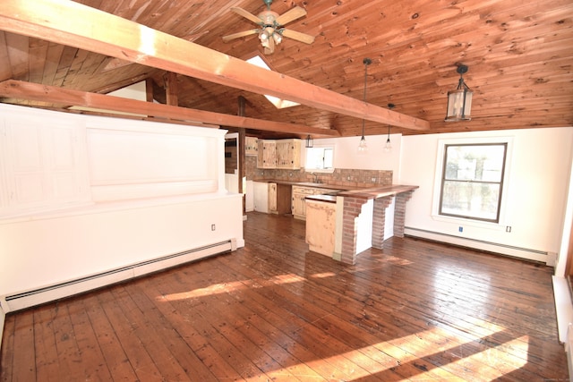 34 Lyme St, Old Lyme, CT 06371 - kitchen with a baseboard radiator, a peninsula, dark wood-type flooring, wood ceiling, and ceiling fan