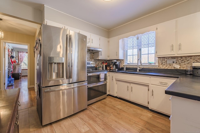 kitchen featuring white cabinetry, sink, backsplash, light hardwood / wood-style floors, and stainless steel appliances