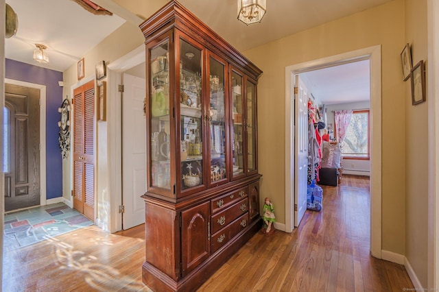 hall with hardwood / wood-style flooring and a baseboard radiator