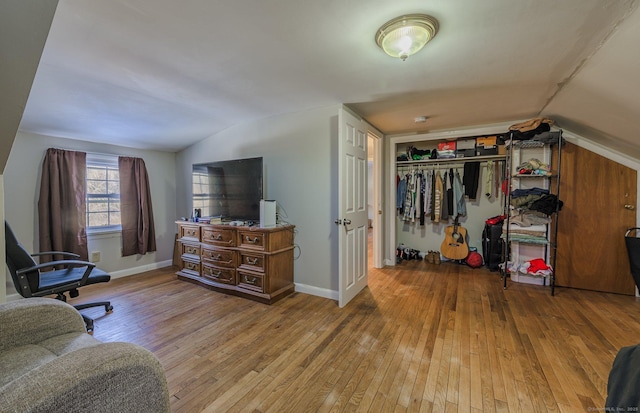 bedroom with wood-type flooring, vaulted ceiling, and a closet