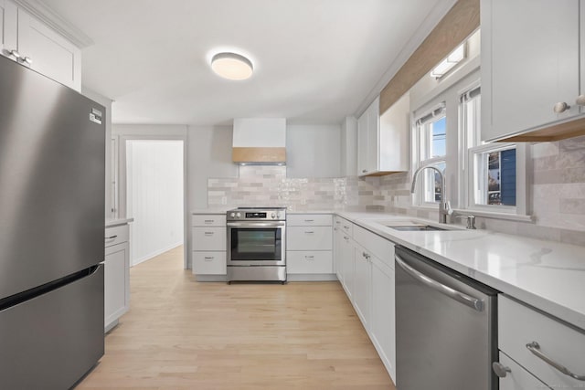 kitchen with white cabinetry, sink, custom exhaust hood, and stainless steel appliances