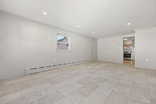 empty room with crown molding and a baseboard radiator