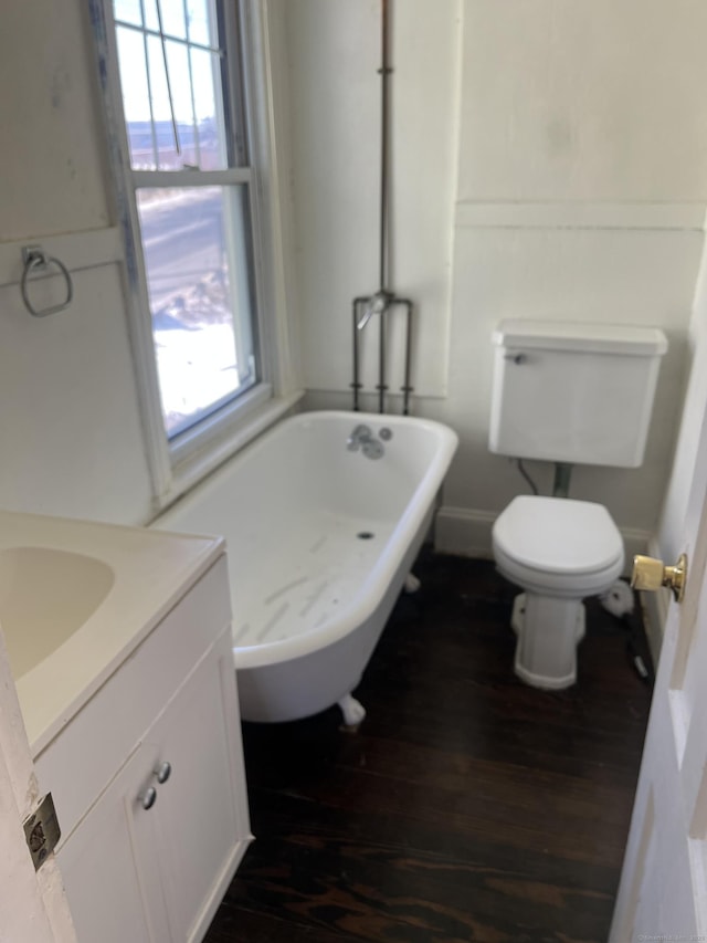 bathroom featuring vanity, hardwood / wood-style flooring, a tub, and a healthy amount of sunlight