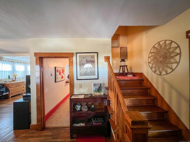 staircase with hardwood / wood-style flooring