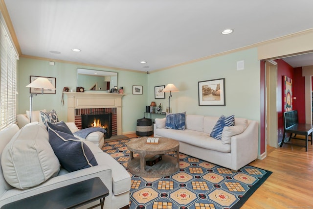 living room featuring ornamental molding, a fireplace, and light hardwood / wood-style flooring