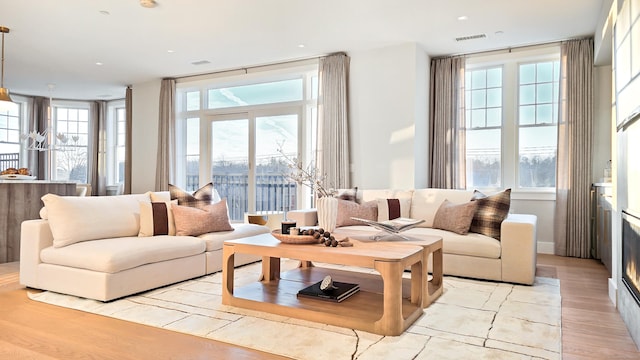 living room featuring plenty of natural light and light hardwood / wood-style floors