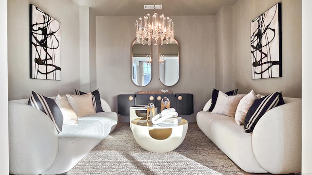 living room with an inviting chandelier