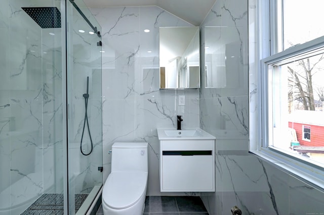 702 King St, Stratford, CT 06614 - full bathroom featuring tile walls, vanity, a marble finish shower, and toilet