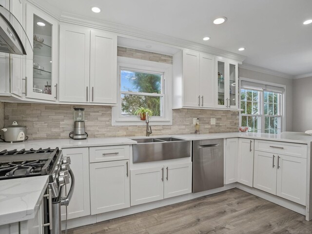 kitchen featuring sink, white cabinets, ornamental molding, exhaust hood, and light hardwood / wood-style floors