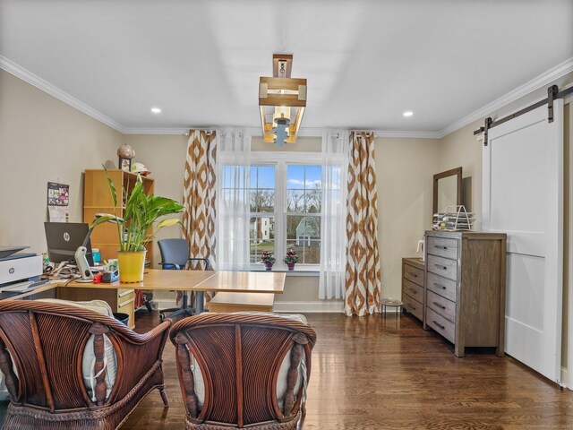 home office featuring crown molding, a barn door, and dark hardwood / wood-style flooring