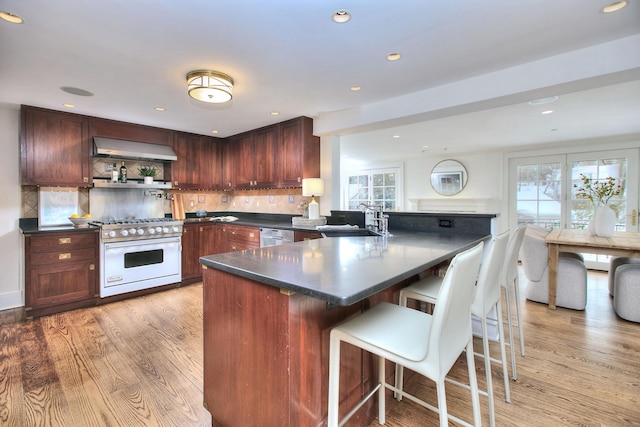 kitchen with a breakfast bar area, light wood-type flooring, high end range, backsplash, and sink