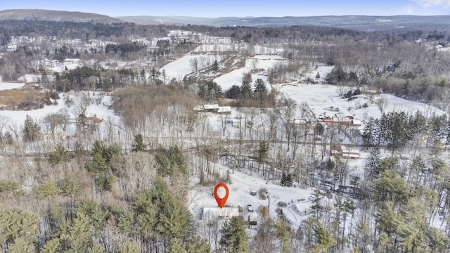 snowy aerial view with a mountain view