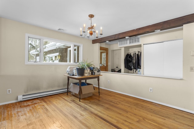 dining space with a notable chandelier, beam ceiling, a baseboard radiator, and light hardwood / wood-style floors