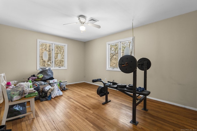 exercise room featuring wood-type flooring and ceiling fan