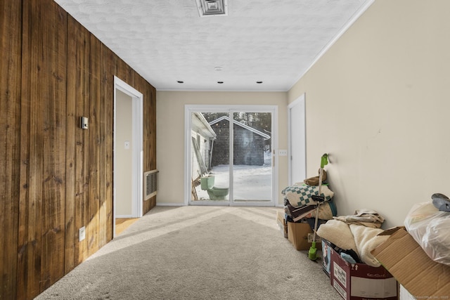 interior space featuring crown molding, a textured ceiling, and wood walls