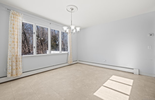 unfurnished dining area featuring a notable chandelier and a baseboard heating unit