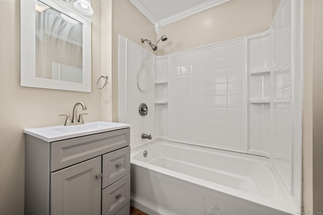 bathroom with ornamental molding, vanity, and  shower combination