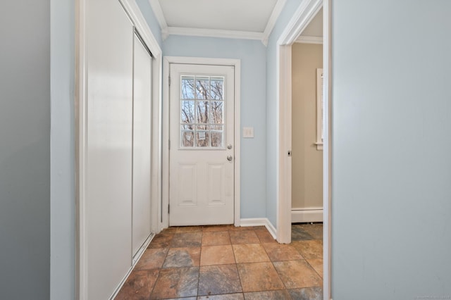 doorway featuring ornamental molding and a baseboard heating unit