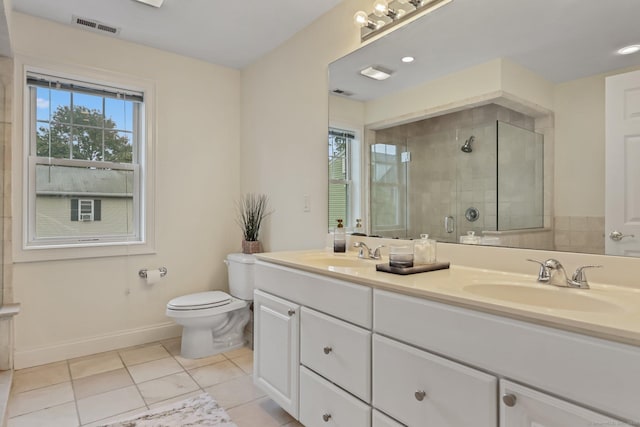 full bathroom with double vanity, a stall shower, visible vents, and a sink