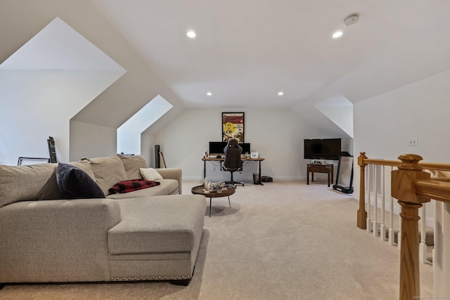 living area featuring vaulted ceiling, recessed lighting, baseboards, and light colored carpet