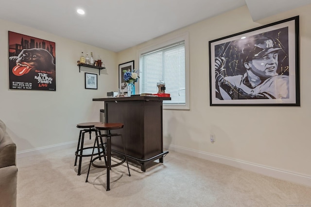 bar featuring baseboards, light colored carpet, and a bar