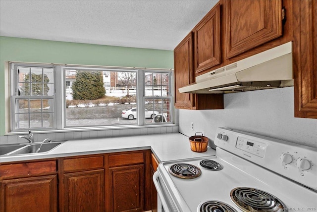 kitchen featuring white electric range, sink, and a textured ceiling