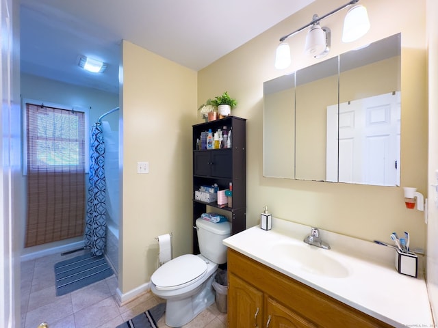 full bathroom with vanity, tile patterned floors, shower / bath combination with curtain, and toilet