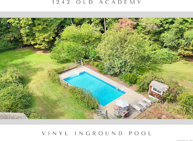 view of pool featuring a storage shed and a lawn