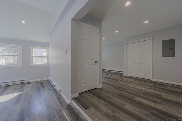 unfurnished room with a baseboard radiator, dark hardwood / wood-style floors, and electric panel