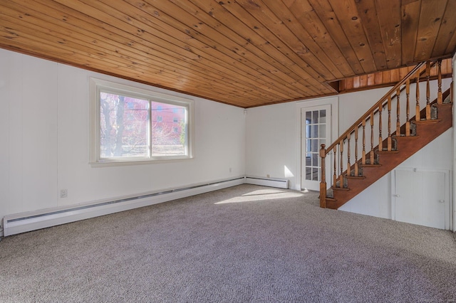 unfurnished living room with carpet flooring, wooden ceiling, and baseboard heating